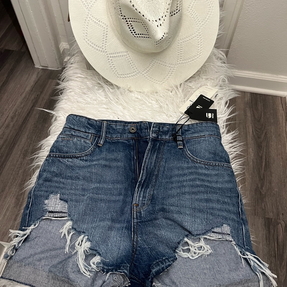 G-Star Blue Distressed Jean Shorts